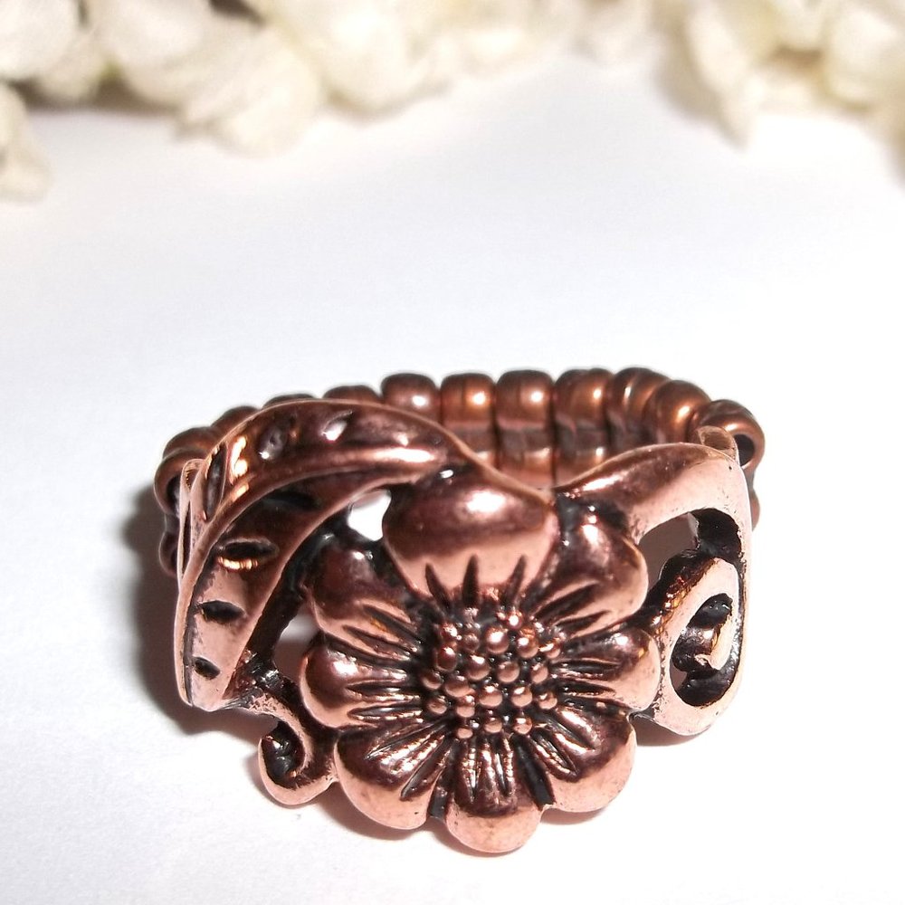 Copper Flower Ring Adjustable Stretch Band Boho Style Jewelry Woman Floral C192
